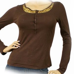 NEW Womens Long Sleeve Gold Sequin Embellished Top T-Shirt Tee sz XL Dark Brown